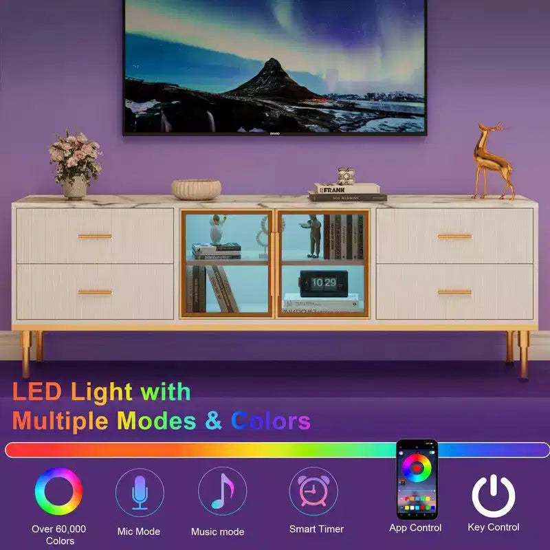 LED Lighted TV Stand for 55-75 TVs, Modern Entertainment Center with Drawers & Shelves, Glass Doors Living Room Furniture