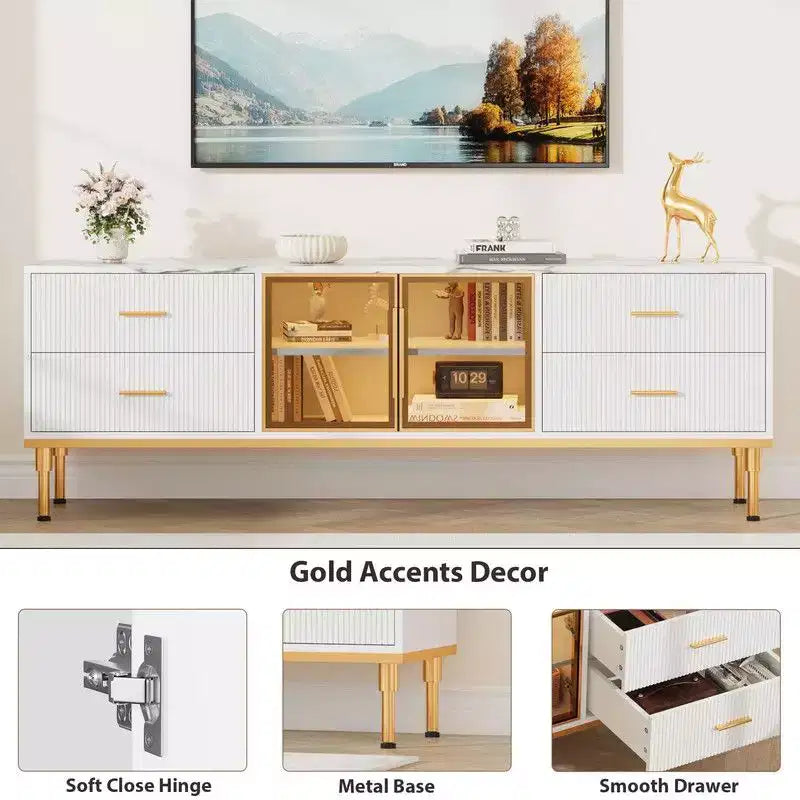 LED Lighted TV Stand for 55-75 TVs, Modern Entertainment Center with Drawers & Shelves, Glass Doors Living Room Furniture