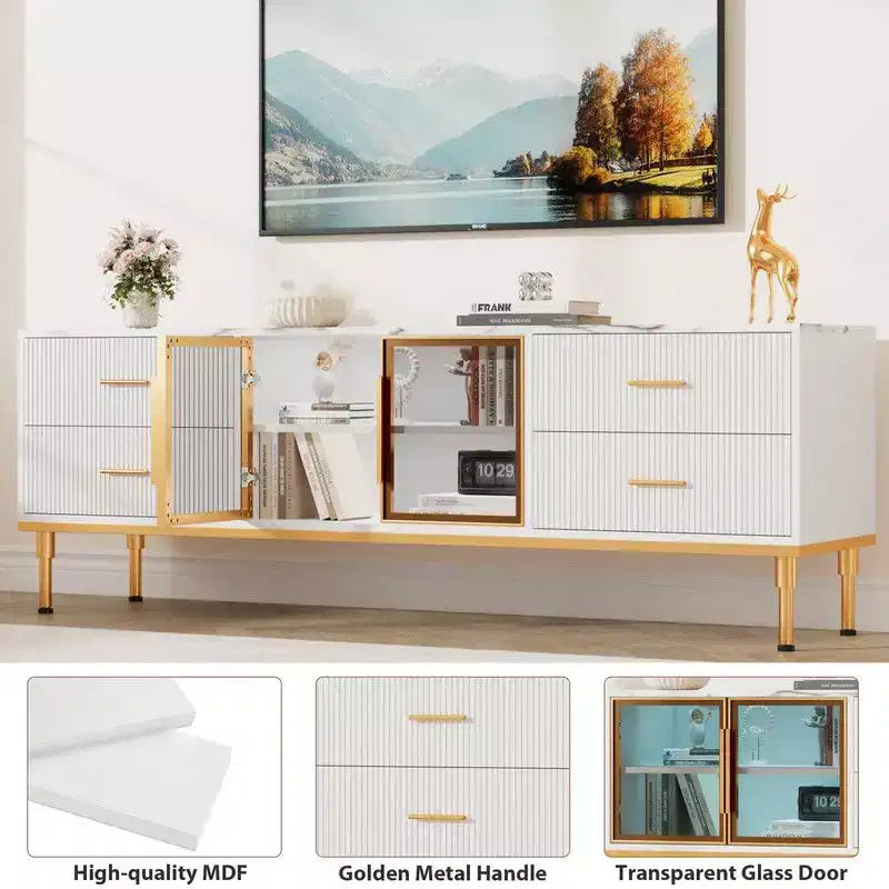 LED Lighted TV Stand for 55-75 TVs, Modern Entertainment Center with Drawers & Shelves, Glass Doors Living Room Furniture