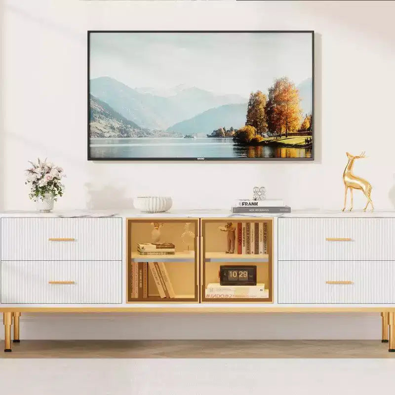 LED Lighted TV Stand for 55-75 TVs, Modern Entertainment Center with Drawers & Shelves, Glass Doors Living Room Furniture