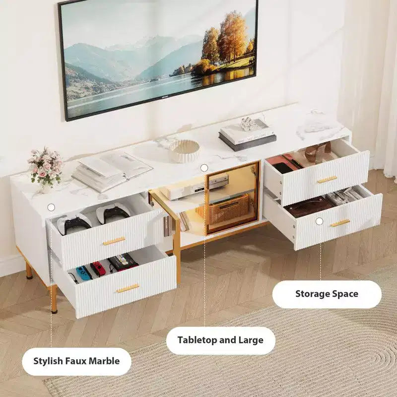 LED Lighted TV Stand for 55-75 TVs, Modern Entertainment Center with Drawers & Shelves, Glass Doors Living Room Furniture