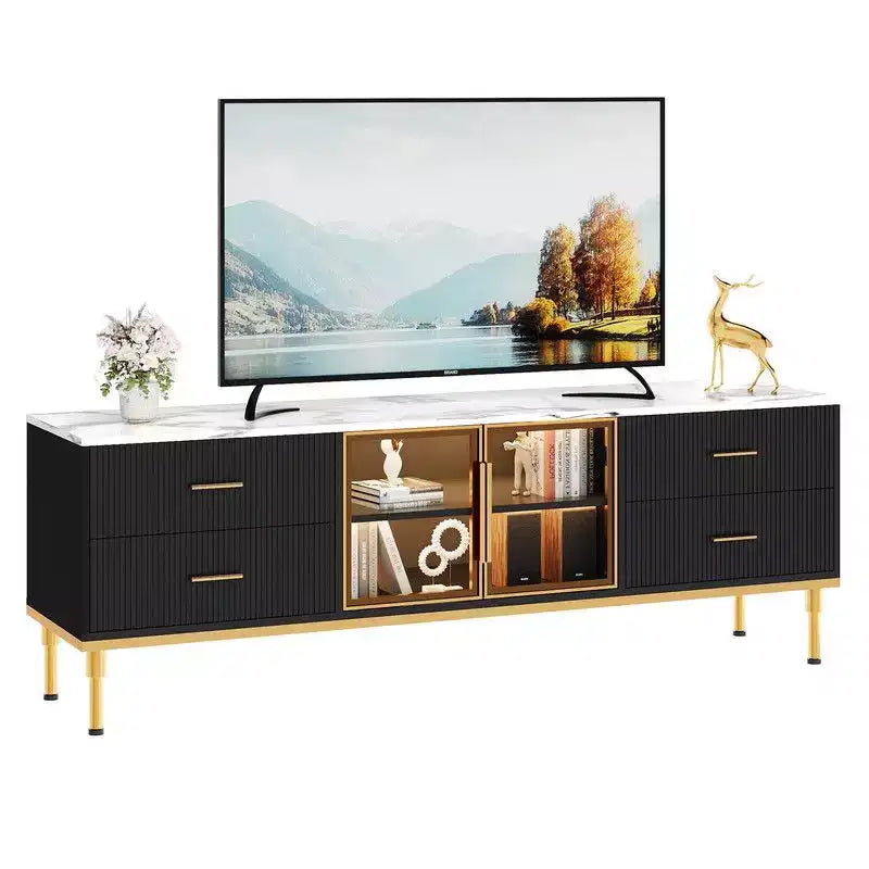 LED Lighted TV Stand for 55-75 TVs, Modern Entertainment Center with Drawers & Shelves, Glass Doors Living Room Furniture