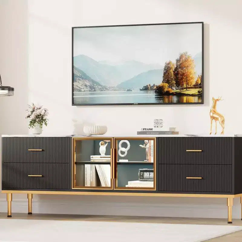 LED Lighted TV Stand for 55-75 TVs, Modern Entertainment Center with Drawers & Shelves, Glass Doors Living Room Furniture