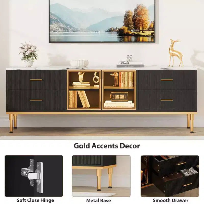 LED Lighted TV Stand for 55-75 TVs, Modern Entertainment Center with Drawers & Shelves, Glass Doors Living Room Furniture