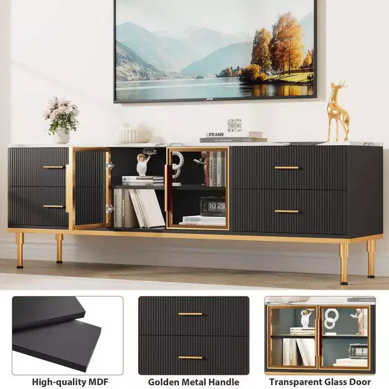 LED Lighted TV Stand for 55-75 TVs, Modern Entertainment Center with Drawers & Shelves, Glass Doors Living Room Furniture