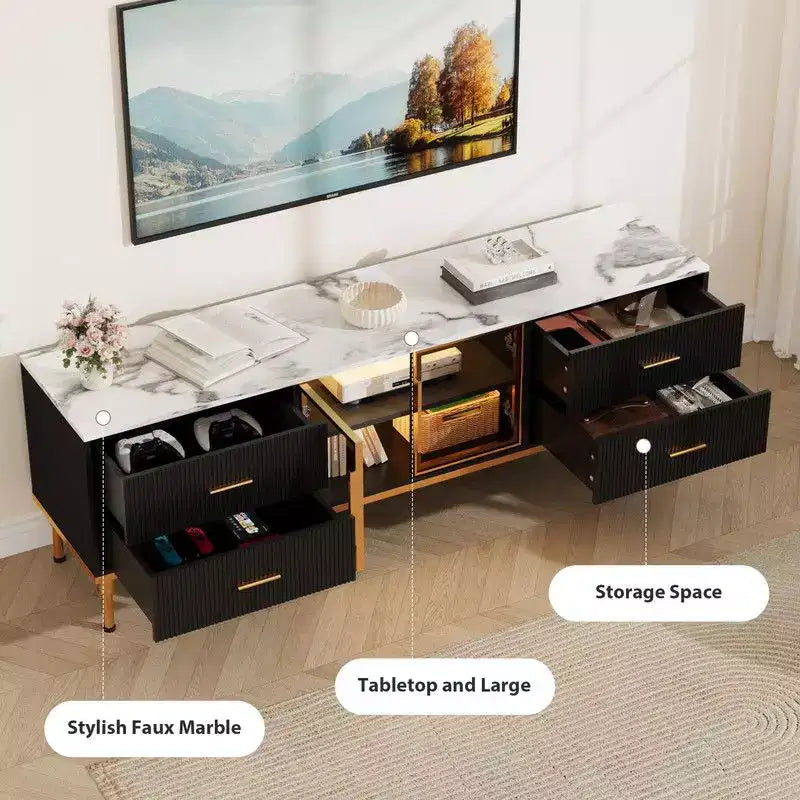 LED Lighted TV Stand for 55-75 TVs, Modern Entertainment Center with Drawers & Shelves, Glass Doors Living Room Furniture