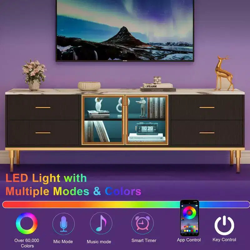 LED Lighted TV Stand for 55-75 TVs, Modern Entertainment Center with Drawers & Shelves, Glass Doors Living Room Furniture