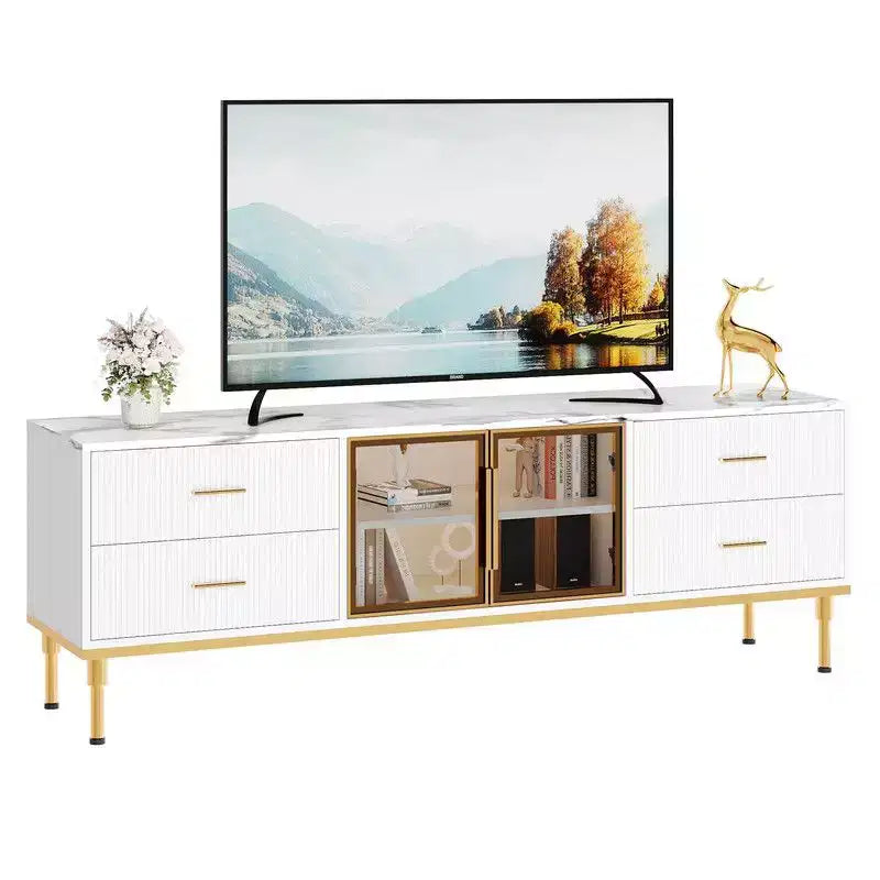LED Lighted TV Stand for 55-75 TVs, Modern Entertainment Center with Drawers & Shelves, Glass Doors Living Room Furniture