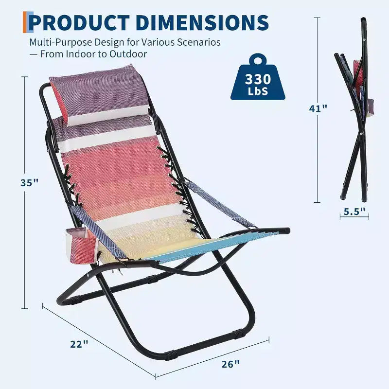Beach Chairs for Adults, Portable Folding Chair with Headrest & Cup, Camping Chairs for Beach and Yard, Support to 250LBS Holder