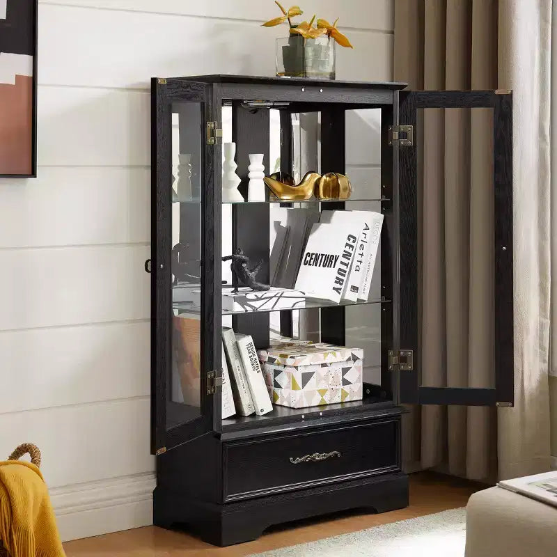 Lighted Glass Curio Cabinet with Adjustable Shelves - Elegant 2-Door Display Cabinet & Built-in Drawer, Includes Bulb