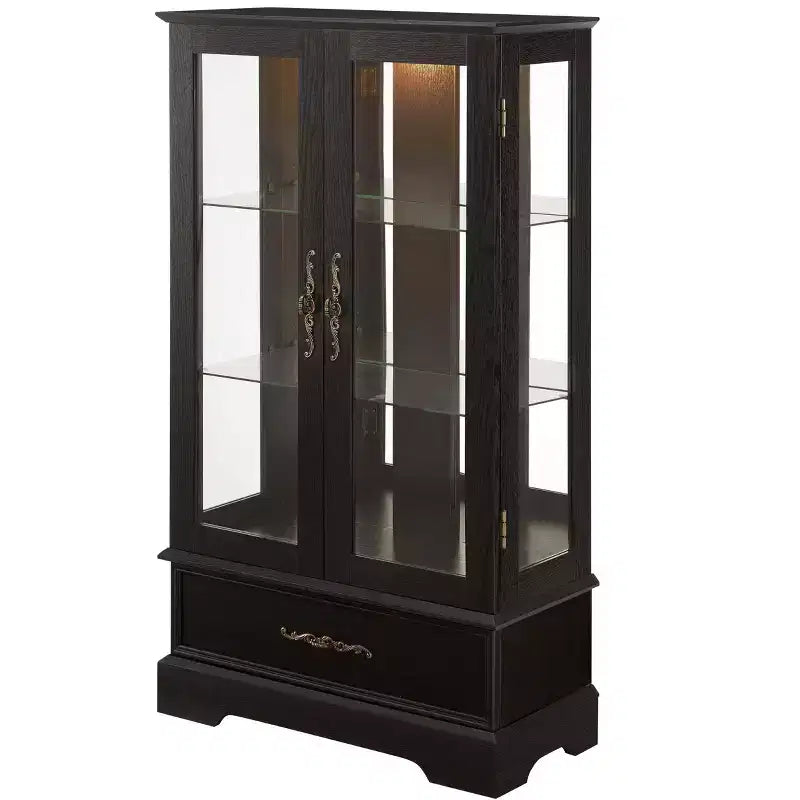 Lighted Glass Curio Cabinet with Adjustable Shelves - Elegant 2-Door Display Cabinet & Built-in Drawer, Includes Bulb