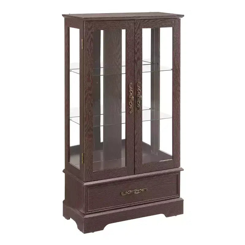 Lighted Glass Curio Cabinet with Adjustable Shelves - Elegant 2-Door Display Cabinet & Built-in Drawer, Includes Bulb