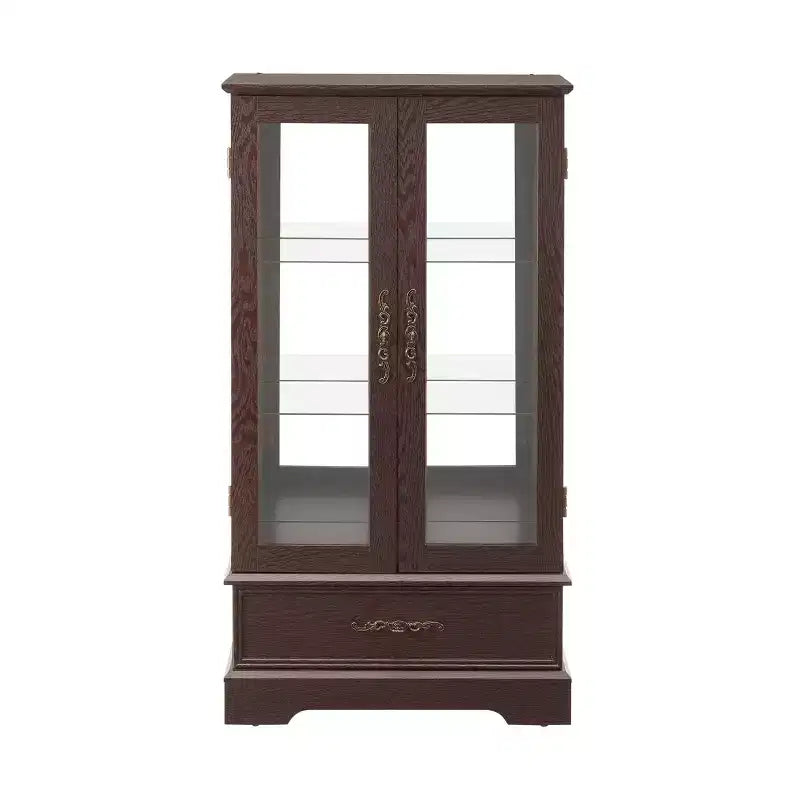 Lighted Glass Curio Cabinet with Adjustable Shelves - Elegant 2-Door Display Cabinet & Built-in Drawer, Includes Bulb