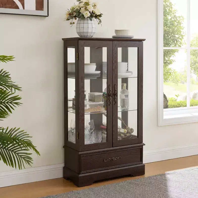 Lighted Glass Curio Cabinet with Adjustable Shelves - Elegant 2-Door Display Cabinet & Built-in Drawer, Includes Bulb