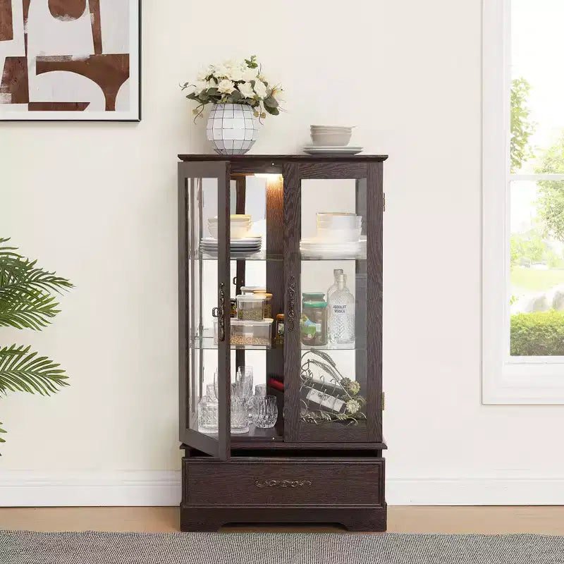 Lighted Glass Curio Cabinet with Adjustable Shelves - Elegant 2-Door Display Cabinet & Built-in Drawer, Includes Bulb