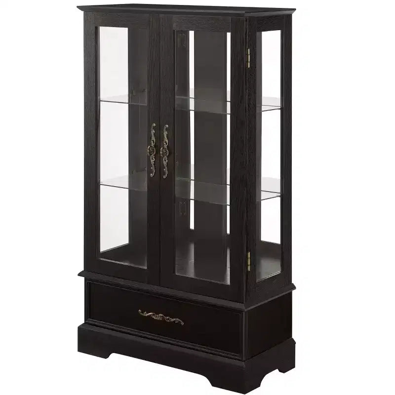 Lighted Glass Curio Cabinet with Adjustable Shelves - Elegant 2-Door Display Cabinet & Built-in Drawer, Includes Bulb