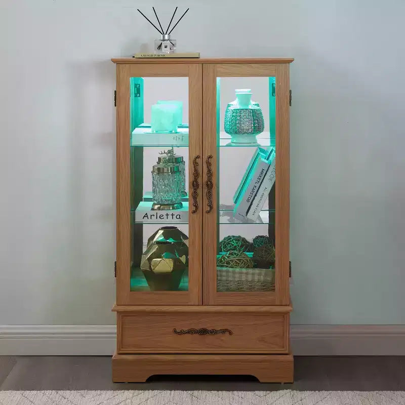 Lighted Glass Curio Cabinet with Adjustable Shelves - Elegant 2-Door Display Cabinet & Built-in Drawer, Includes Bulb