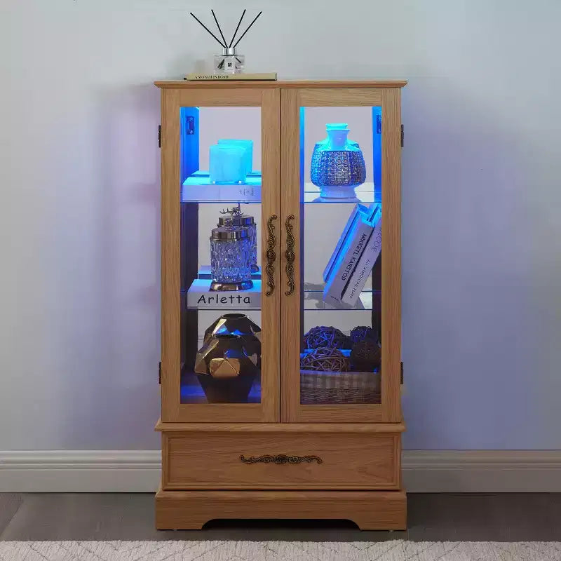 Lighted Glass Curio Cabinet with Adjustable Shelves - Elegant 2-Door Display Cabinet & Built-in Drawer, Includes Bulb