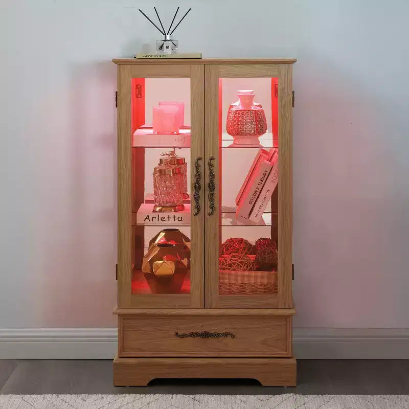 Lighted Glass Curio Cabinet with Adjustable Shelves - Elegant 2-Door Display Cabinet & Built-in Drawer, Includes Bulb