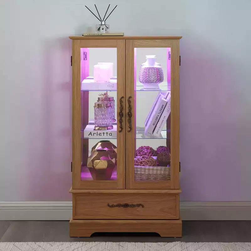 Lighted Glass Curio Cabinet with Adjustable Shelves - Elegant 2-Door Display Cabinet & Built-in Drawer, Includes Bulb