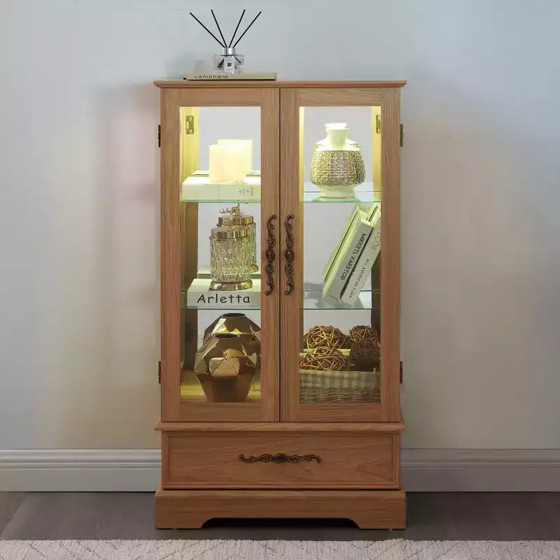 Lighted Glass Curio Cabinet with Adjustable Shelves - Elegant 2-Door Display Cabinet & Built-in Drawer, Includes Bulb
