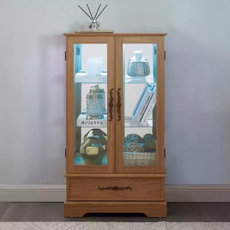Lighted Glass Curio Cabinet with Adjustable Shelves - Elegant 2-Door Display Cabinet & Built-in Drawer, Includes Bulb