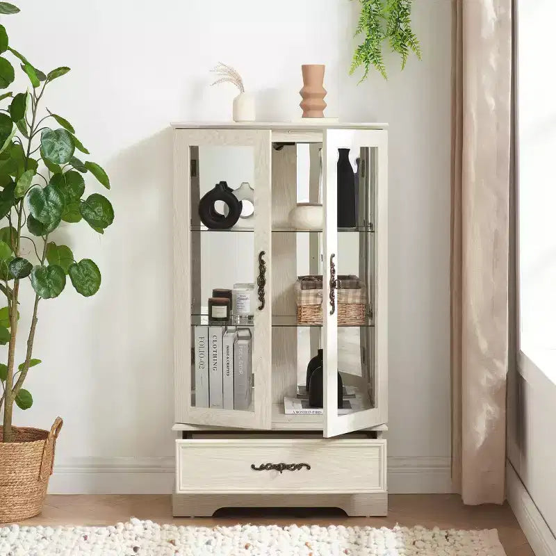 Lighted Glass Curio Cabinet with Adjustable Shelves - Elegant 2-Door Display Cabinet & Built-in Drawer, Includes Bulb