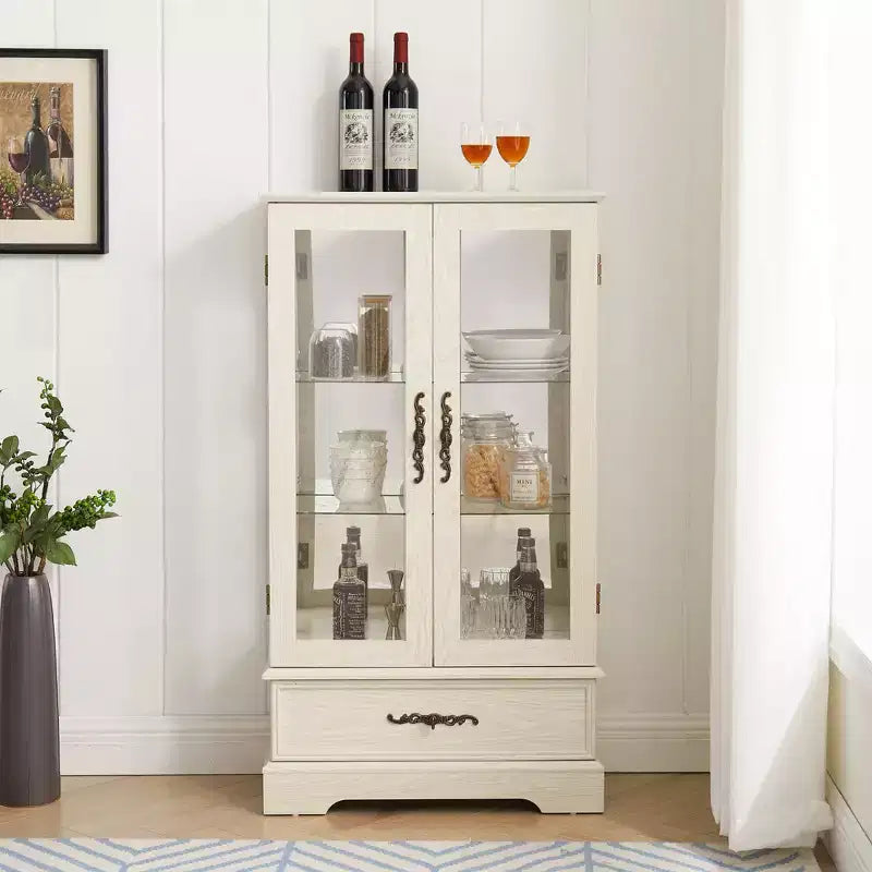 Lighted Glass Curio Cabinet with Adjustable Shelves - Elegant 2-Door Display Cabinet & Built-in Drawer, Includes Bulb