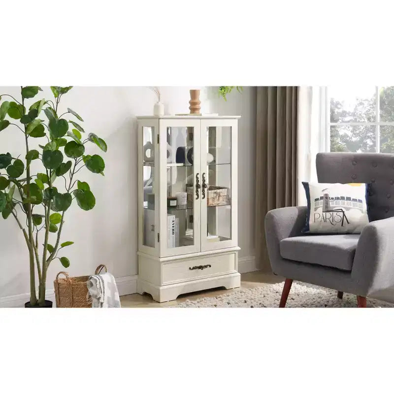 Lighted Glass Curio Cabinet with Adjustable Shelves - Elegant 2-Door Display Cabinet & Built-in Drawer, Includes Bulb