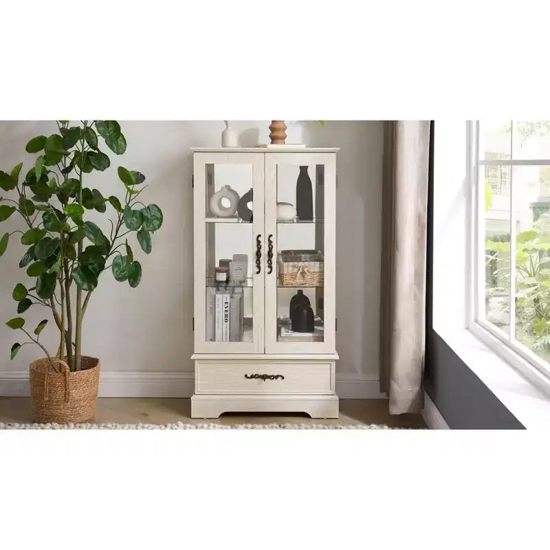 Lighted Glass Curio Cabinet with Adjustable Shelves - Elegant 2-Door Display Cabinet & Built-in Drawer, Includes Bulb