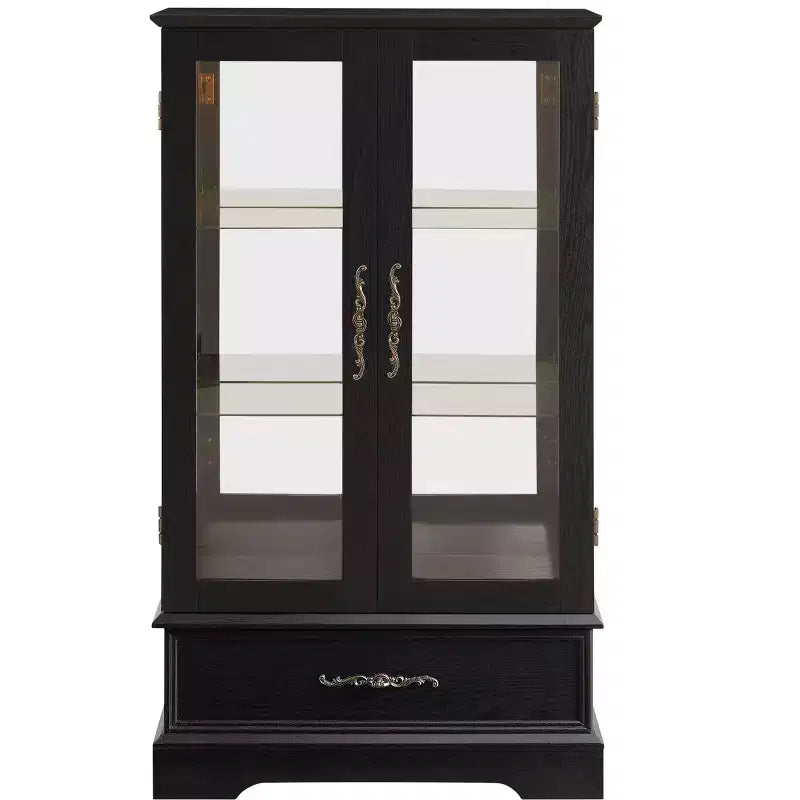 Lighted Glass Curio Cabinet with Adjustable Shelves - Elegant 2-Door Display Cabinet & Built-in Drawer, Includes Bulb