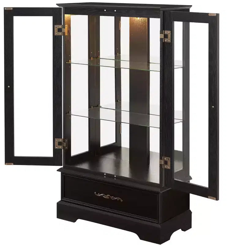 Lighted Glass Curio Cabinet with Adjustable Shelves - Elegant 2-Door Display Cabinet & Built-in Drawer, Includes Bulb