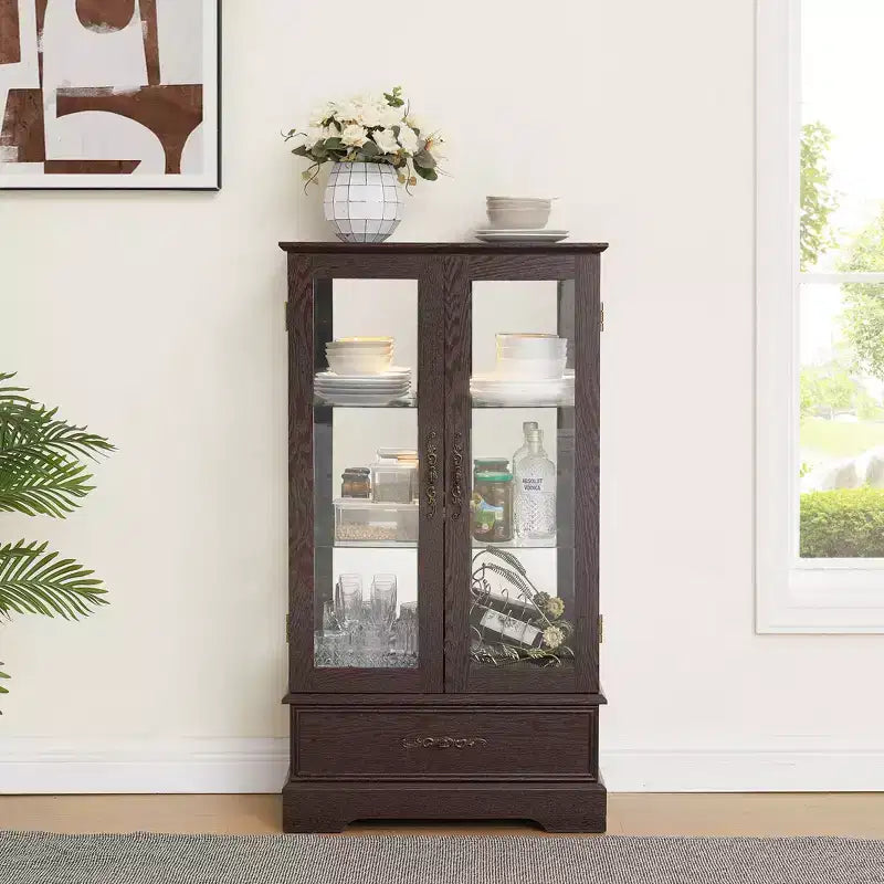 Lighted Glass Curio Cabinet with Adjustable Shelves - Elegant 2-Door Display Cabinet & Built-in Drawer, Includes Bulb