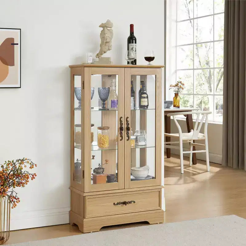Lighted Glass Curio Cabinet with Adjustable Shelves - Elegant 2-Door Display Cabinet & Built-in Drawer, Includes Bulb