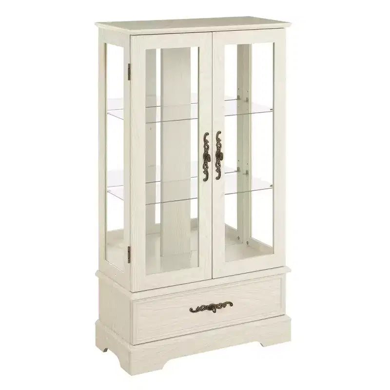 Lighted Glass Curio Cabinet with Adjustable Shelves - Elegant 2-Door Display Cabinet & Built-in Drawer, Includes Bulb