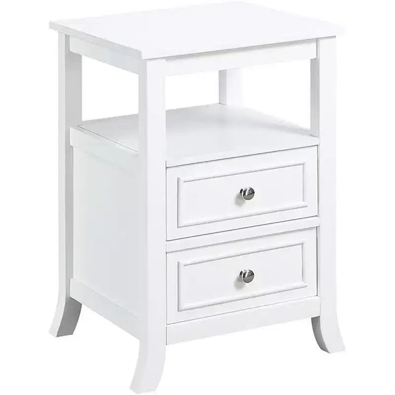 HomeStock Belmont Elegant Transitional End Table with Two Drawers, Open Shelf, Pewter Knobs and Saber Legs for Living Room Storage