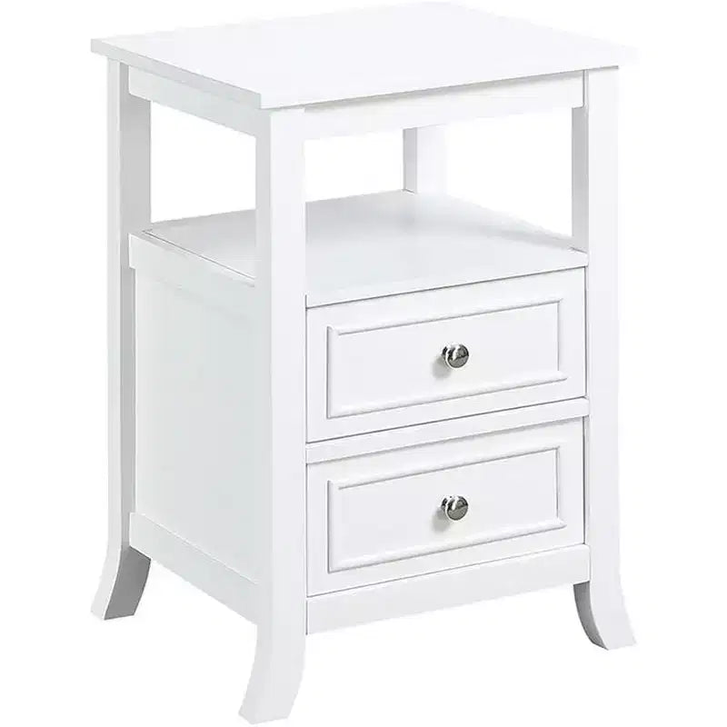 HomeStock Belmont Elegant Transitional End Table with Two Drawers, Open Shelf, Pewter Knobs and Saber Legs for Living Room Storage