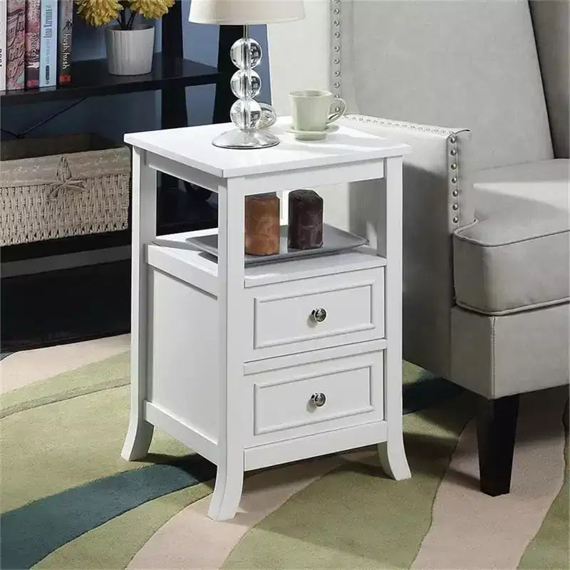 HomeStock Belmont Elegant Transitional End Table with Two Drawers, Open Shelf, Pewter Knobs and Saber Legs for Living Room Storage