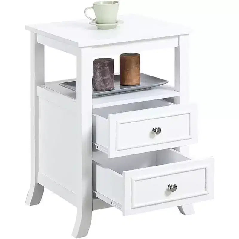 HomeStock Belmont Elegant Transitional End Table with Two Drawers, Open Shelf, Pewter Knobs and Saber Legs for Living Room Storage