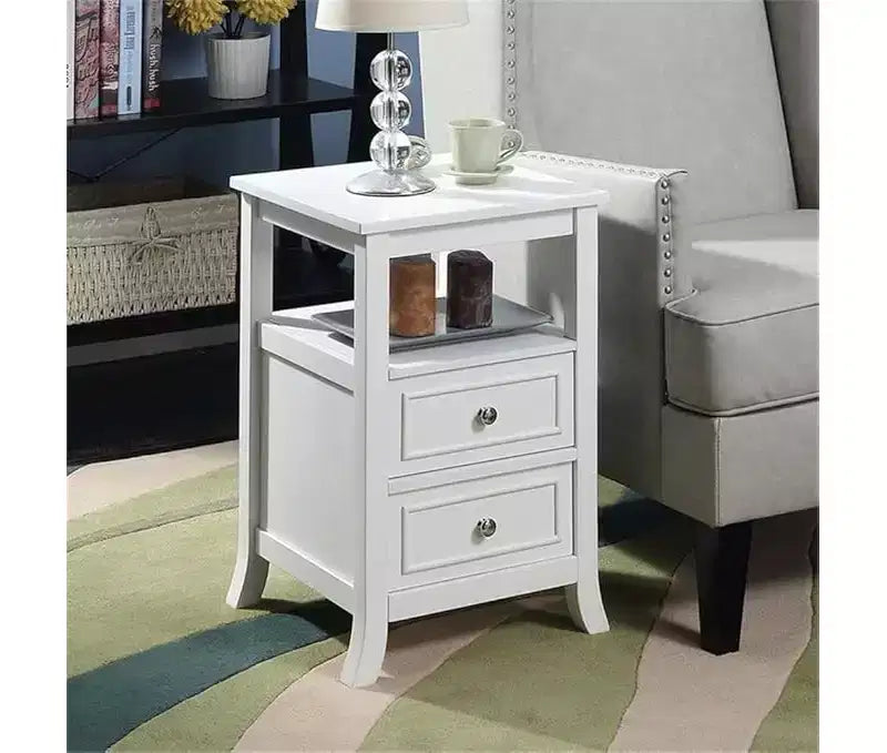 HomeStock Belmont Elegant Transitional End Table with Two Drawers, Open Shelf, Pewter Knobs and Saber Legs for Living Room Storage