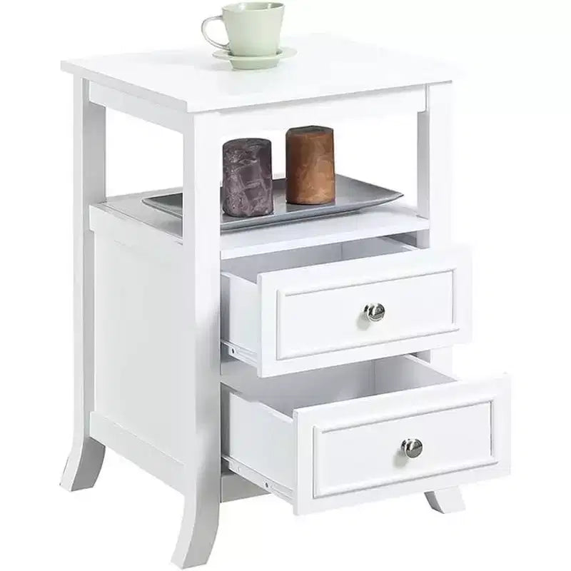 HomeStock Belmont Elegant Transitional End Table with Two Drawers, Open Shelf, Pewter Knobs and Saber Legs for Living Room Storage