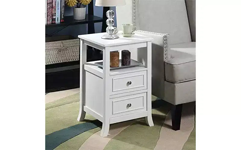 HomeStock Belmont Elegant Transitional End Table with Two Drawers, Open Shelf, Pewter Knobs and Saber Legs for Living Room Storage