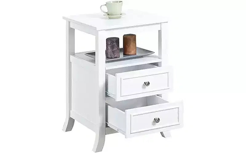HomeStock Belmont Elegant Transitional End Table with Two Drawers, Open Shelf, Pewter Knobs and Saber Legs for Living Room Storage