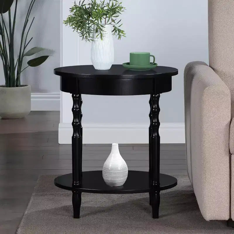 HomeStock Belmont Oval End Table 20.5 Inch, Traditional Solid Wood Accent Table with Bottom Storage Shelf for Living Room or Office Use