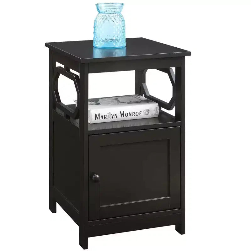 HomeStock Belmont End Table with Cabinet and Two Shelves, Octagon Side Design, Hidden Storage Space for Magazines and Electronics in Living Room