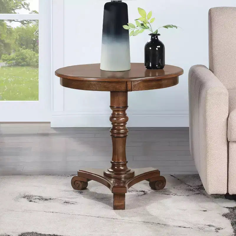 HomeStock Belmont Pedestal End Table Solid Wood Veneer Finish with Turned Body Scroll Feet Traditional Accent Table for Any Room