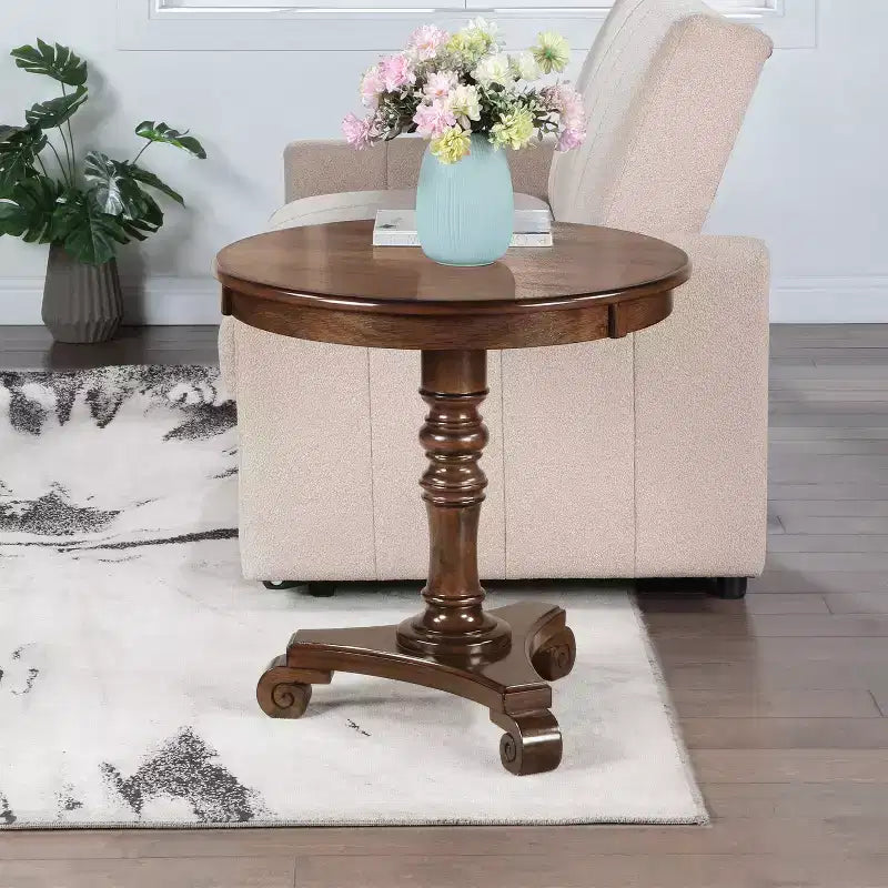 HomeStock Belmont Pedestal End Table Solid Wood Veneer Finish with Turned Body Scroll Feet Traditional Accent Table for Any Room