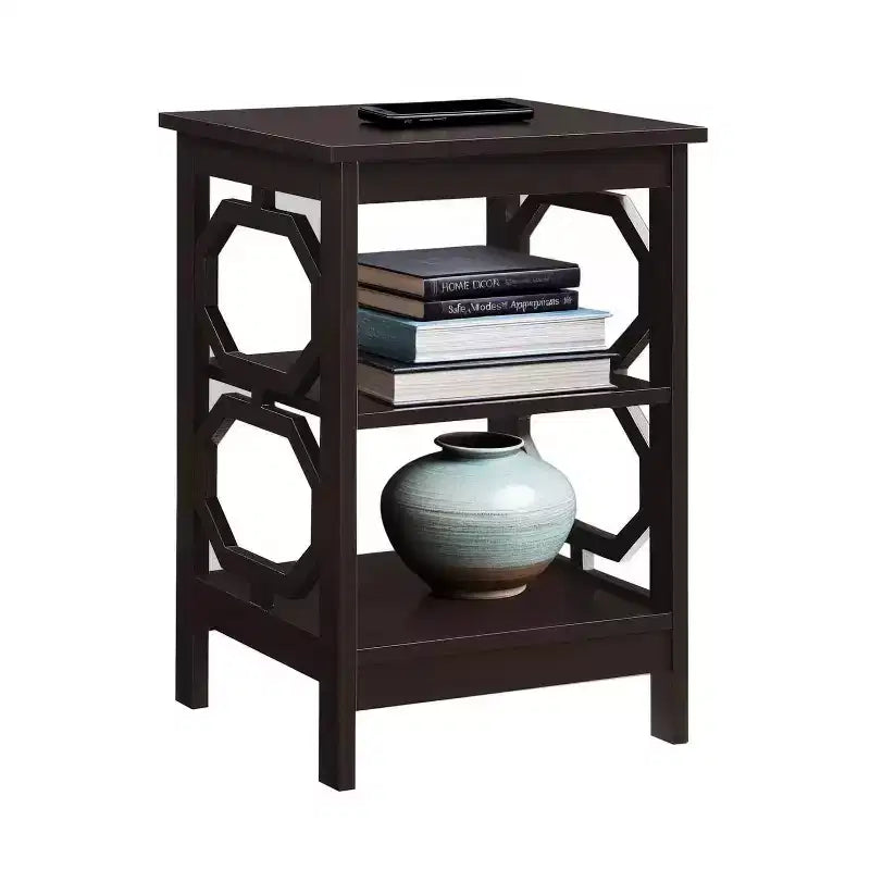 HomeStock Belmont End Table with Octagon Cutouts and Three Tier Shelving, Sleek Contemporary Side Table for Storage and Dcor in Any Room of Home