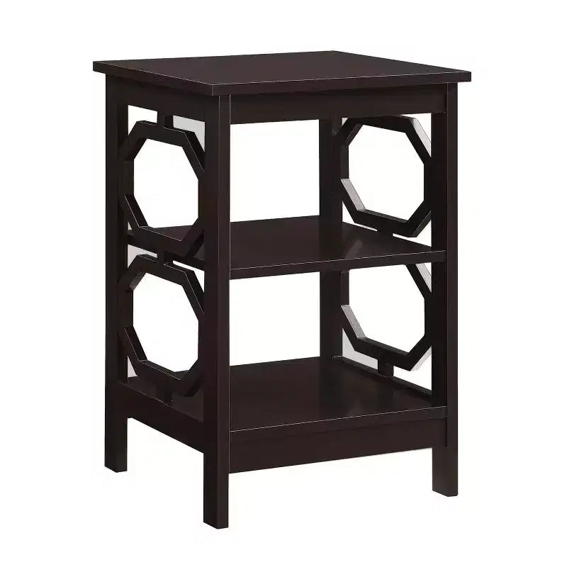 HomeStock Belmont End Table with Octagon Cutouts and Three Tier Shelving, Sleek Contemporary Side Table for Storage and Dcor in Any Room of Home