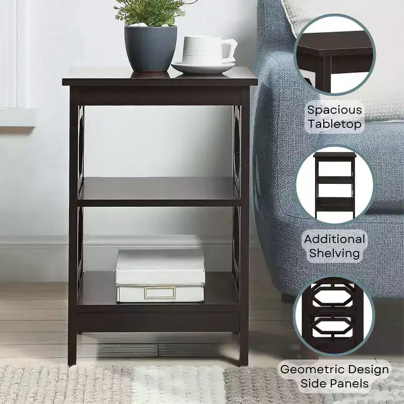 HomeStock Belmont End Table with Octagon Cutouts and Three Tier Shelving, Sleek Contemporary Side Table for Storage and Dcor in Any Room of Home